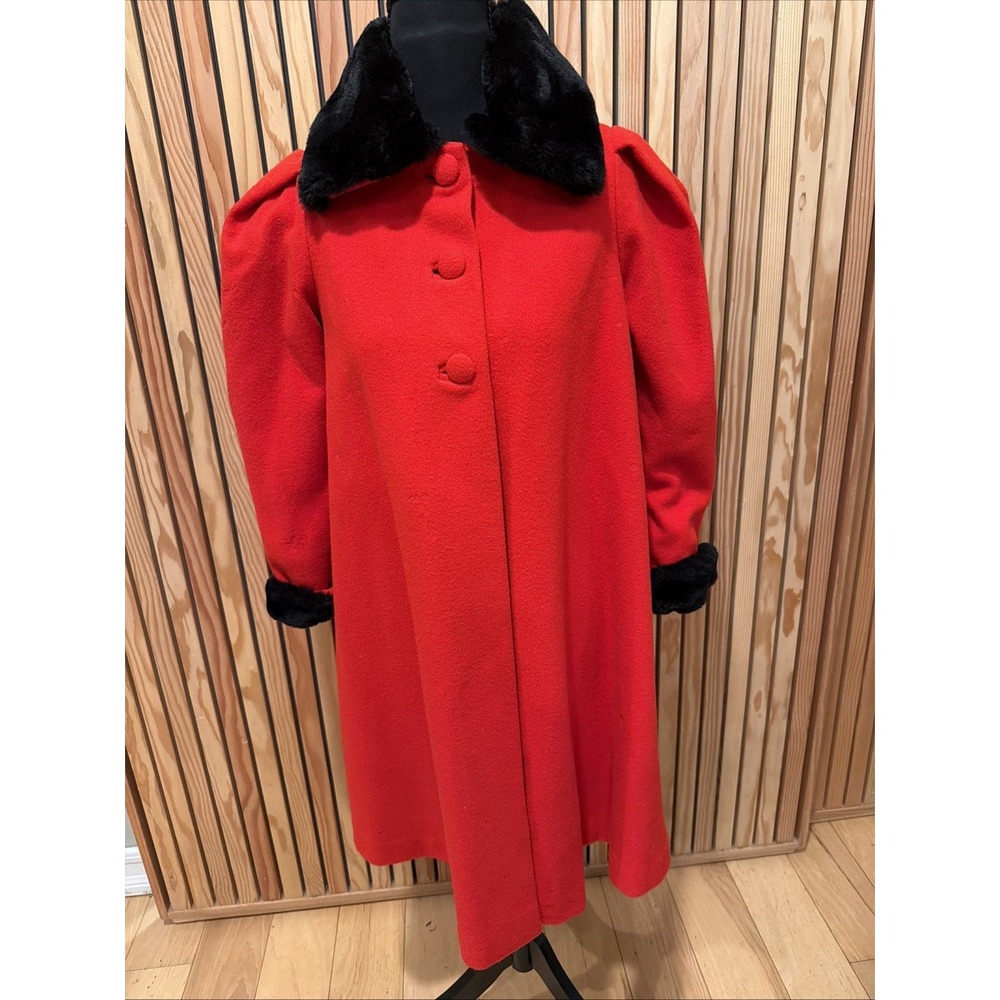 Vintage Neiman Marcus Helene Red Wool Girls Coat Fur Collar‎ Sz 7